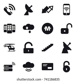 16 vector icon set : call, satellite antenna, up down arrow, phone wireless, server, cloude service, crypto currency, unlock, stairs