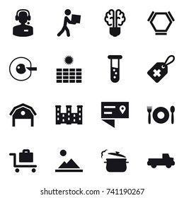 16 vector icon set : call center, courier, bulb brain, hex molecule, cell corection, sun power, vial, barn, palace, cafe, baggage trolley, landscape, steam pan, pickup