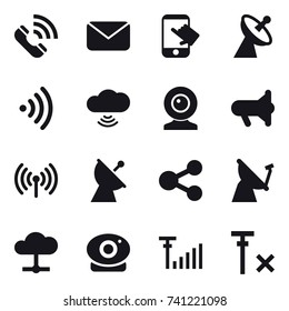 16 vector icon set : call, mail, touch, satellite antenna, wireless, cloud wireless, web cam, megafon