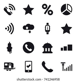 16 vector icon set : call, star, percent, diagram, wireless, cloude service, smartwatch, spark plug, phone, goverment house, trailer, mobile checking
