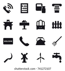 16 vector icon set : call, abacus, scales weight, column, arch, restaurant, dresser, fence, welcome mat, kettle, fork, sickle, windmill, water tap