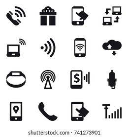 16 vector icon set : call, gift, touch, notebook connect, notebook wireless, wireless, phone wireless, cloude service, smart bracelet, antenna, mobile pay, spark plug