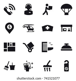 16 vector icon set : call, call center, courier, parachute, dollar pin, gas station, hotel, service bell, bucket and broom, wiping, vacuum cleaner, do not distrub