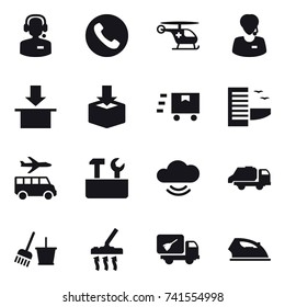 16 vector icon set : call center, phone, hotel, transfer, repair tools, trash truck, bucket and broom, vacuum cleaner, home call cleaning, iron