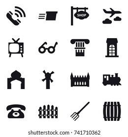 16 vector icon set : call, delivery, shop signboard, journey, tv, column, building, minaret, windmill, gothic architecture, train, phone, fence, fork, barrel