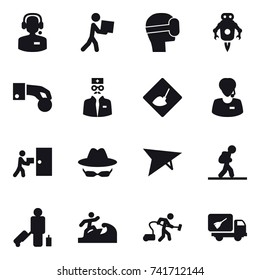 16 vector icon set : call center, courier, virtual mask, jet robot, hand coin, under construction, deltaplane, tourist, passenger, surfer, vacuum cleaner, home call cleaning