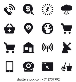 16 vector icon set : call, dollar arrow, lightning, cloud wireless, add to basket, dollar pin, cart, home, wireless, bucket and broom