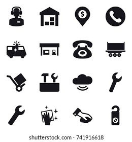 16 vector icon set : call center, warehouse, dollar pin, phone, gas station, repair tools, wrench, wiping, do not distrub