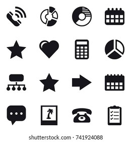 16 vector icon set : call, circle diagram, calendar, star, heart, calculator, diagram, structure, right arrow, photo, phone, clipboard list