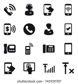 16 vector icon set : call, call center, touch, phone wireless, phone pay, phone, mobile checking, intercome