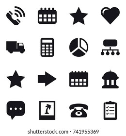16 vector icon set : call, calendar, star, heart, truck, calculator, diagram, structure, right arrow, goverment house, photo, phone, clipboard list