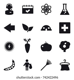 16 vector icon set : call center, calendar, atom, flask, left arrow, dome house, first aid, tomato, garden, peas, trash, rake, hanger