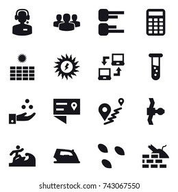 16 vector icon set : call center, group, diagram, calculator, sun power, notebook connect, vial, chamical industry, surfer, iron, seeds, construct garbage