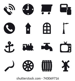 16 vector icon set : call, clock, delivery, scales weight, phone, tower, arch window, outdoor light, train, water tap, tv, sickle, wheel, barrel, windmill