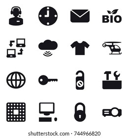 16 vector icon set : call center, clock, mail, bio, notebook connect, cloud wireless, t-shirt, globe, key, do not distrub, repair tools