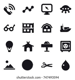 16 vector icon set : call, graph, monitor arrow, ufo, modular house, house, air ballon, bungalow, restaurant, safe, landscape, scissors, drop