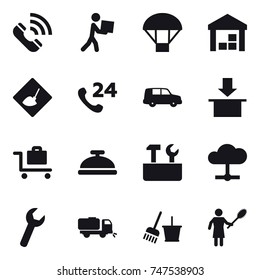 16 vector icon set : call, courier, parachute, warehouse, under construction, baggage trolley, service bell, repair tools, sweeper, bucket and broom, woman with pipidaster