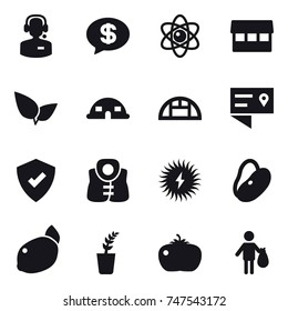 16 vector icon set : call center, money message, atom, market, dome house, greenhouse, life vest, seedling, tomato, trash