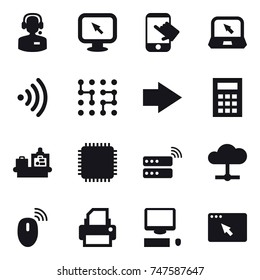 16 vector icon set : call center, monitor arrow, touch, notebook, wireless, chip, right arrow, calculator, baggage checking