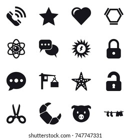 16 vector icon set : call, star, heart, hex molecule, atom, discussion, sun power, lock, ballon, starfish, unlocked, scissors, pig, drying clothe