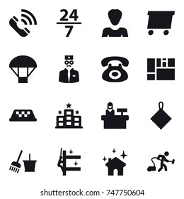 16 vector icon set : call, 24/7, woman, delivery, parachute, taxi, hotel, reception, rag, bucket and broom, skyscrapers cleaning, house cleaning, vacuum cleaner