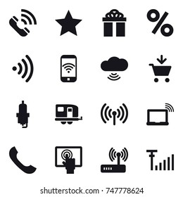 16 vector icon set : call, star, gift, percent, wireless, phone wireless, cloud wireless, add to cart, spark plug, trailer