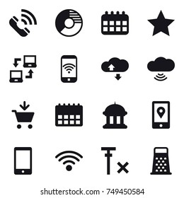 16 vector icon set : call, circle diagram, calendar, star, notebook connect, phone wireless, cloude service, cloud wireless, add to cart, goverment house