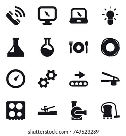 16 vector icon set : call, monitor arrow, notebook, bulb, cafe, lifebuoy, barometer, garlic clasp, soil cutter, water pump, vacuum cleaner