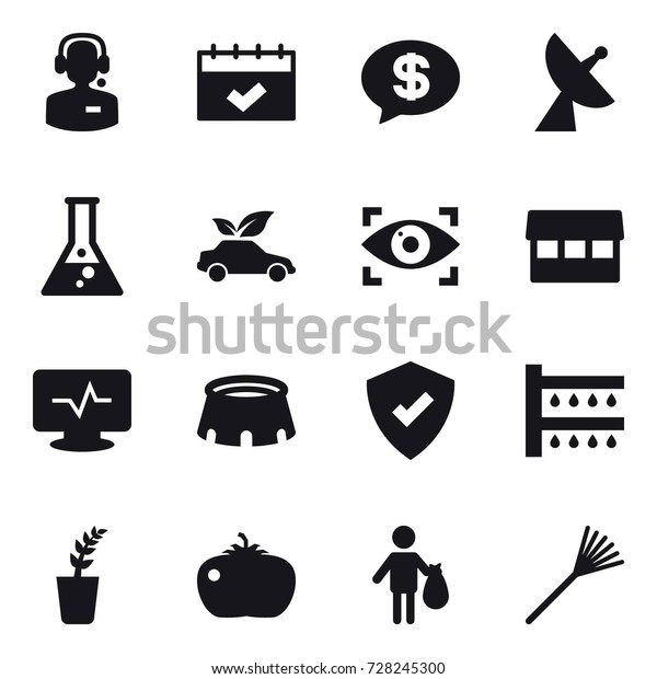 16 vector icon set : call\
center, calendar, money message, satellite antenna, flask, eco car,\
eye identity, market, stadium, watering, seedling, tomato, trash,\
rake