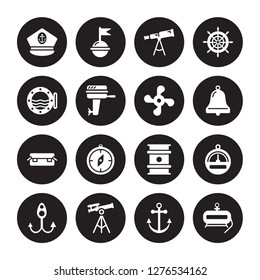 16 vector icon set : Captain Hat, Anchor, Antique Telescope, Bait, Barometer, Air Tank, Boat Porthole, Big Crate, Screw isolated on black background