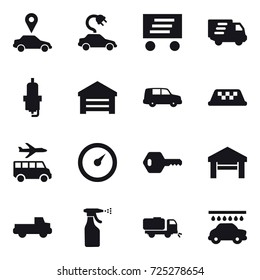 16 vector icon set : car pointer, electric car, delivery, spark plug, garage, taxi, transfer, barometer, key, pickup, sprayer, sweeper, car wash