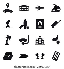 16 vector icon set : car pointer, airport building, plane, sail boat, tourist, passenger, passport, suitcase, palm, diving mask, hotel, golf, cruise ship, yacht, palm hammock, inflatable mattress