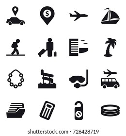16 vector icon set : car pointer, dollar pin, plane, sail boat, tourist, passenger, hotel, palm, hawaiian wreath, aquapark, diving mask, transfer, cruise ship, inflatable mattress, do not distrub