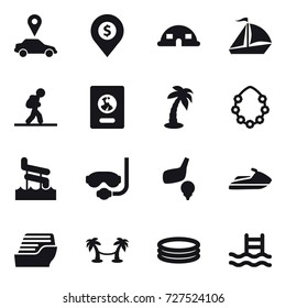 16 vector icon set : car pointer, dollar pin, dome house, sail boat, tourist, passport, palm, hawaiian wreath, aquapark, diving mask, golf, jet ski, cruise ship, palm hammock, inflatable pool, pool