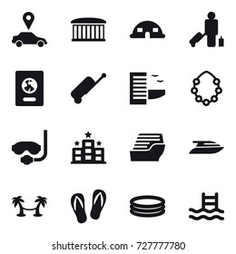 16 vector icon set : car pointer, airport building, dome house, passenger, passport, suitcase, hotel, hawaiian wreath, diving mask, cruise ship, yacht, palm hammock, flip-flops, inflatable pool