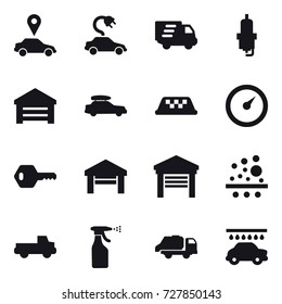 16 vector icon set : car pointer, electric car, delivery, spark plug, garage, car baggage, taxi, barometer, key, pickup, sprayer, trash truck, car wash