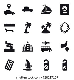 16 vector icon set : car pointer, car baggage, sail boat, passport, lounger, palm, island, hawaiian wreath, aquapark, hotel, transfer, golf, inflatable mattress, windsurfing, do not distrub