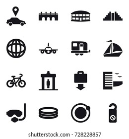 16 vector icon set : car pointer, bridge, airport building, pyramid, trailer, sail boat, bike, detector, baggage get, hotel, diving mask, inflatable pool, do not distrub