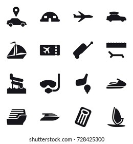 16 vector icon set : car pointer, dome house, plane, car baggage, sail boat, ticket, suitcase, lounger, aquapark, diving mask, golf, jet ski, cruise ship, yacht, inflatable mattress, windsurfing