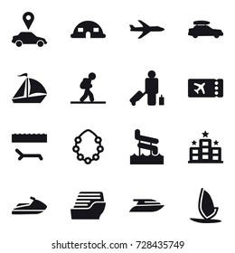 16 vector icon set : car pointer, dome house, plane, car baggage, sail boat, tourist, passenger, ticket, lounger, hawaiian wreath, aquapark, hotel, jet ski, cruise ship, yacht, windsurfing