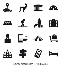 16 vector icon set : car pointer, greate wall, airport building, dome house, taxi, tourist, passenger, suitcase, baggage, hotel, tent, baggage trolley, signpost, inflatable mattress, bed