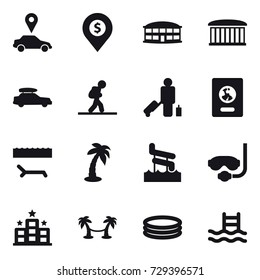 16 vector icon set : car pointer, dollar pin, airport building, car baggage, tourist, passenger, passport, lounger, palm, aquapark, diving mask, hotel, palm hammock, inflatable pool, pool