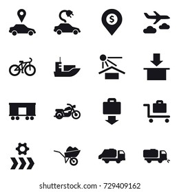 16 vector icon set : car pointer, electric car, dollar pin, journey, bike, motorcycle, baggage get, baggage trolley, wheelbarrow, trash truck, sweeper
