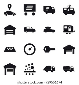 16 vector icon set : car pointer, delivery, garage, car baggage, trailer, taxi, barometer, key, trash truck, sweeper