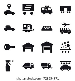 16 vector icon set : car pointer, delivery, car baggage, trailer, taxi, transfer, key, garage, sprayer, trash truck, sweeper, car wash