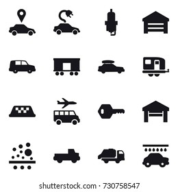 16 vector icon set : car pointer, electric car, spark plug, garage, car baggage, trailer, taxi, transfer, key, pickup, trash truck, car wash