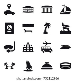 16 vector icon set : car pointer, airport building, sail boat, passport, lounger, palm, aquapark, diving mask, hotel, transfer, yacht, palm hammock, windsurfing, service bell, inflatable pool