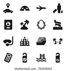 16 vector icon set : car pointer, dome house, plane, passenger, passport, island, hawaiian wreath, aquapark, diving mask, hotel, cruise ship, palm hammock, inflatable mattress, do not distrub, pool