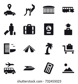 16 vector icon set : car pointer, greate wall, airport building, bus, passenger, suitcase, passport, baggage, hotel, tent, palm, baggage trolley, transfer, yacht, inflatable mattress, landscape