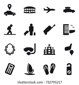 16 vector icon set : car pointer, airport building, plane, car baggage, tourist, passenger, suitcase, hotel, hawaiian wreath, diving mask, golf, inflatable mattress, windsurfing, flip-flops